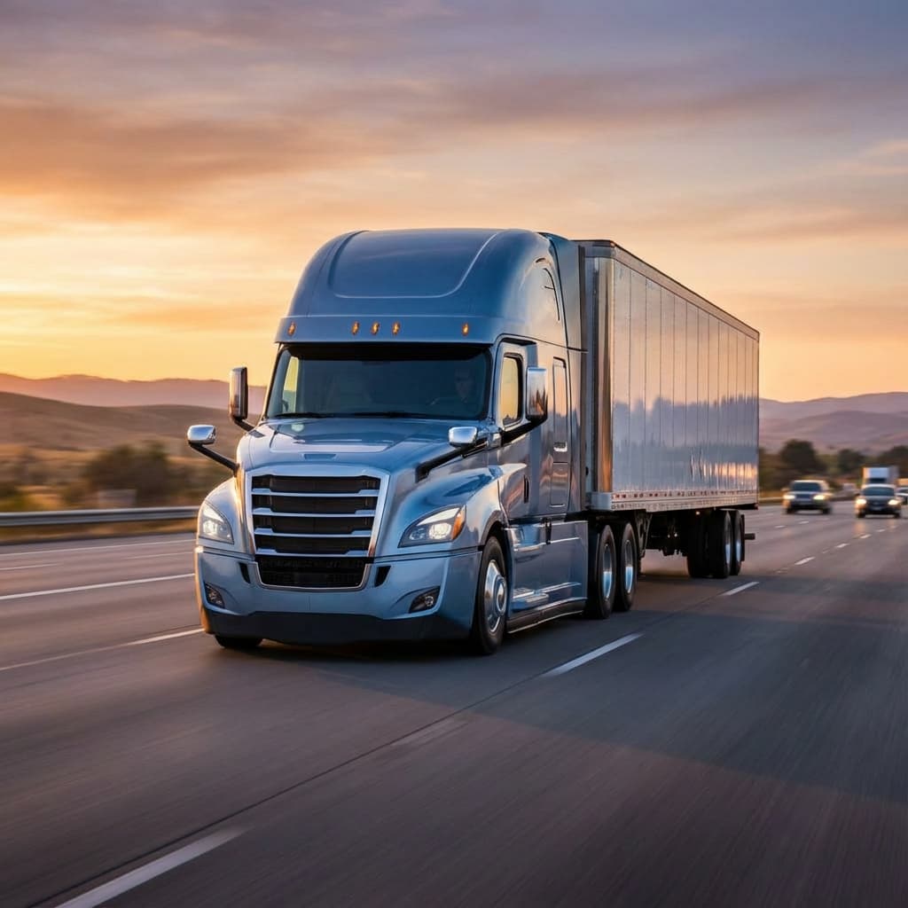 Semi truck on the highway at sunset